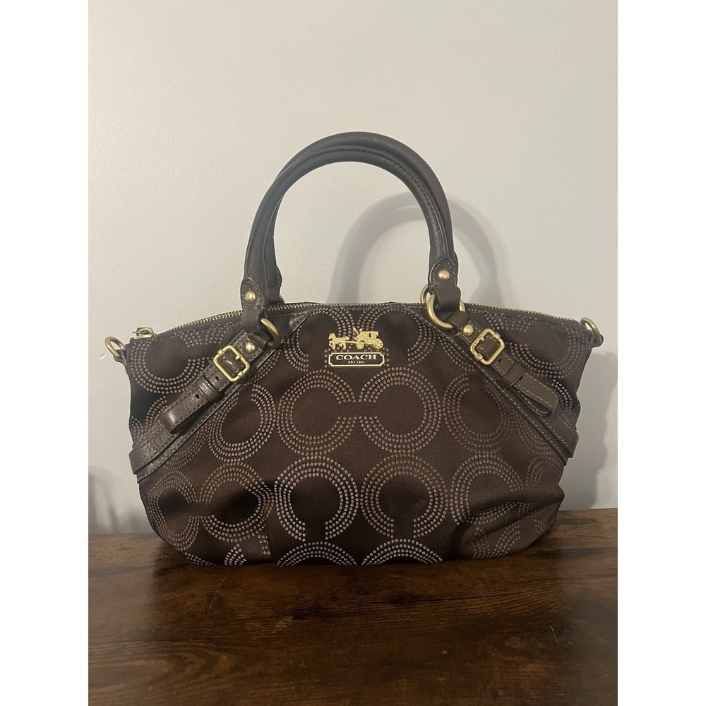 Coach Madison Dotted Op Art Sophia Satchel F19135 Brown Sateen Handbag No Strap